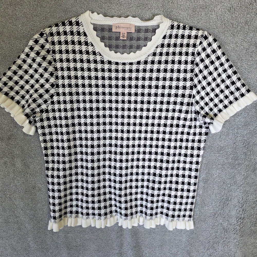 Philosophy Republic Clothing Houndstooth Ruffle Knit Top Black White XL